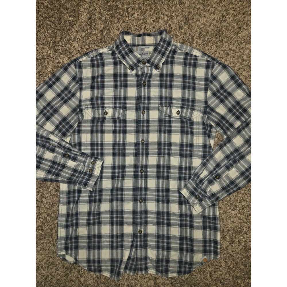 Carhartt Mens Medium M Plaid Button Down Shirt Blue Relaxed Fit Long Sleeve